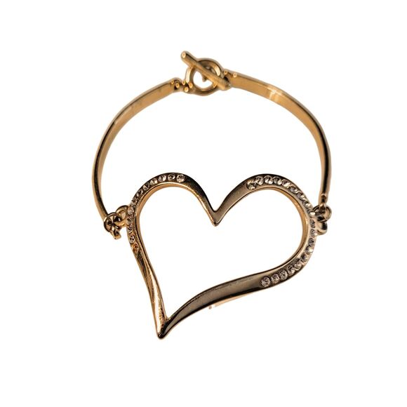 Gold-plated Heart and Rhinestone Bracelet 4 in Length With Toggle Clasp Closure - Picture 2 of 4